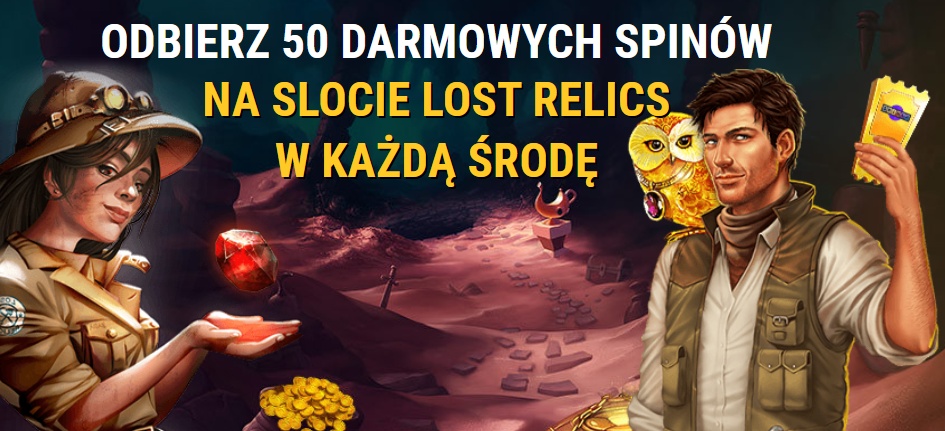 Środa to szczęśliwy dzień w Spinia. Możesz wtedy zgarnąć 50 darmowych spinów na Lost Relics!